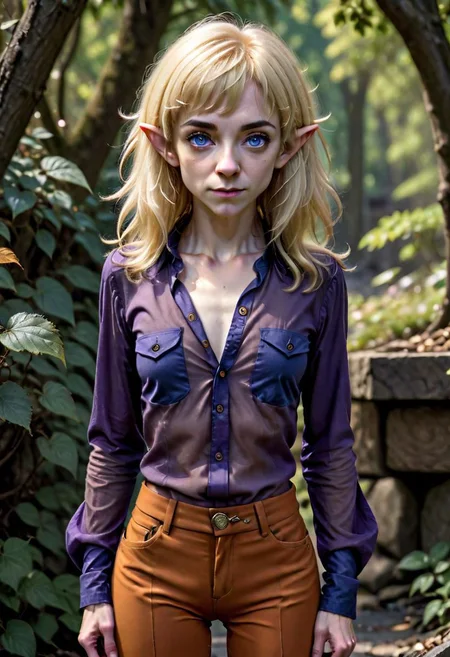 photo of pale (Age 19) female (halfling:1.75), (flat chested, rectangle body shape), (shaggy blonde, middle part), blue eyes, ((Dark purple)/(Dark Orange) masculine shirt/pants), homely, tiny, petite, thin, toned, lithe, full body, outdoors, HDR