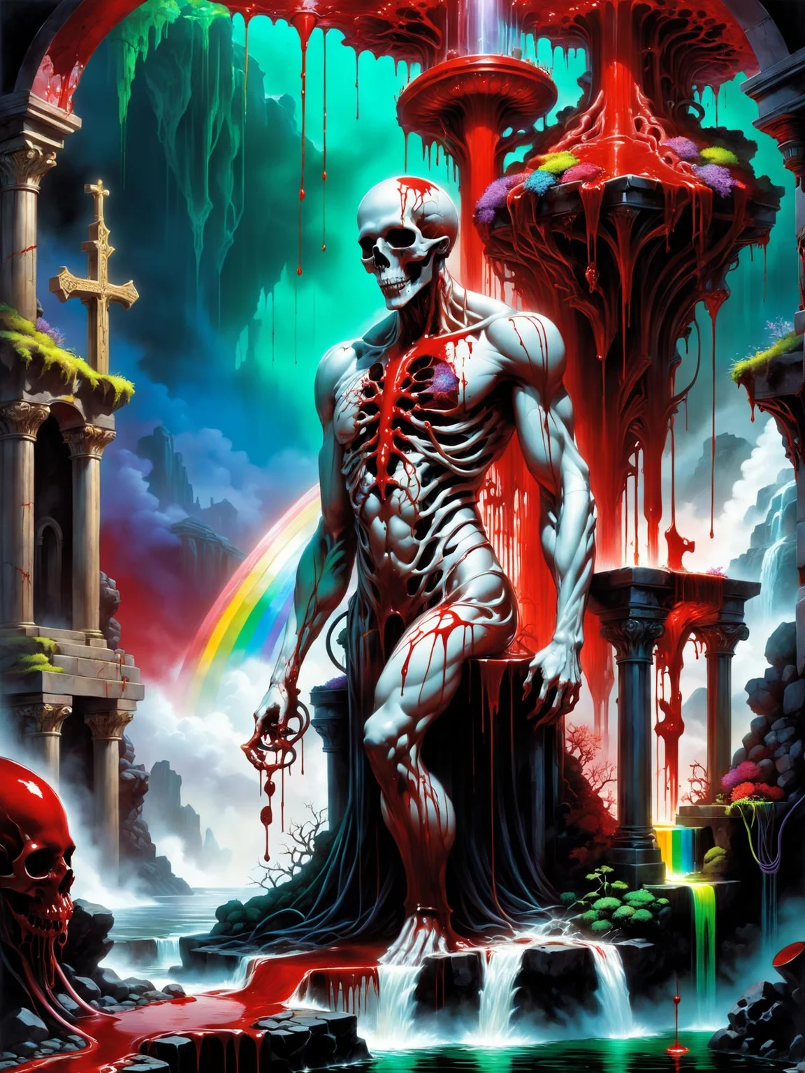 (mystical universe:1.2), (isometric 3d art of floating rock citadel), cobblestone, flowers, verdant, stone, moss, fish pool, (waterfall:1.2), cottage, ((1mechanical man)), solo, full body,(machine made joints:1.2), ((machanical limbs)), (rainbow blood vessels connected to tubes), (green mechanical vertebra attaching to back), ((mechanical cervial attaching to neck)), (wires and cables attaching to neck:1.2), (wires and cables on head:1.2), (blood:1.5), ((colourful blood splashes on background)), dynamic angle, beautiful detailed glow, (Captivating), (Intricate Detailed Cinematic Background), scary, blood splatter, swirling black light around the character, black light particles, (broken glass), magic circle, grotesque scene, (holy war action scene, intricate battlefield), (Bloodbath:1.1), pink rain, (raining blood), yamer style, <lora:xl_yamer_style-1.0:1>