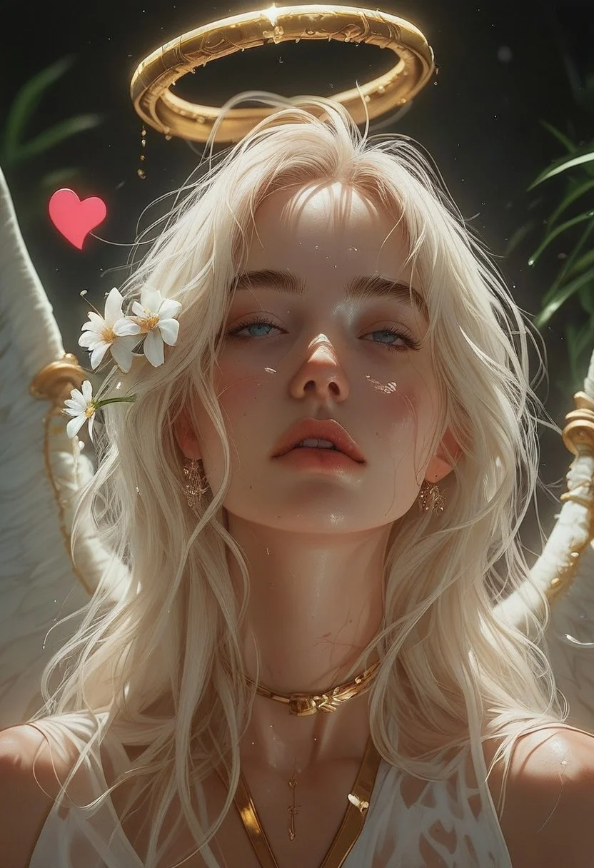 rating_explicit, score_9. score_8_up, score_7_up, a portrait of a painting of an angel with a broken heart in its palm, 1girl, halo, solo, long hair, wings, angel, gr33n, Expressiveh,gr33n, plant, flower,