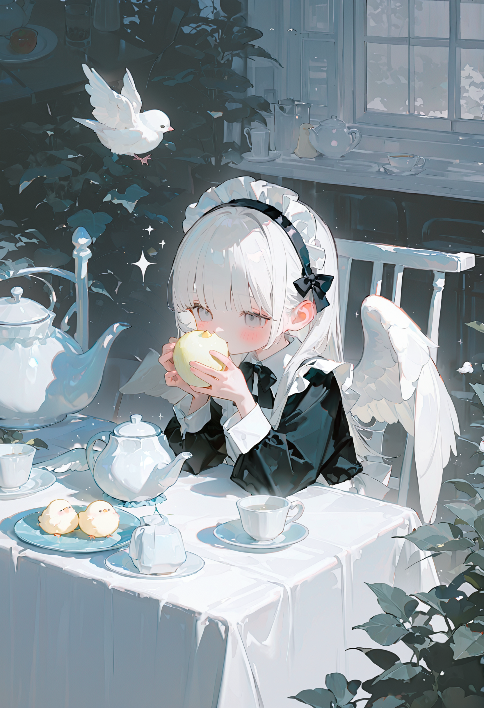 <lora:YW1hamlfZGVu-illustriousXL_v01_V1-CAME>, YW1h, 1girl, table, white hair, wings, solo, dress, food, grey eyes, holding, maid headdress, cup, black dress, plate, maid, sitting, eating, long sleeves, blush, teapot, long hair, white wings, outdoors, holding food, chick, angel wings, chair, sparkle, fruit, frills, blunt bangs, teacup, feathered wings, day, bird, hairband, maid apron, holding fruit, apron, plant, hands up