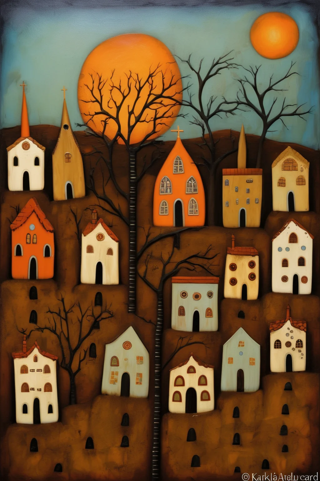 <lora:Folk Art:1>Folk Art - a cemetery with four graves with a dried-up tree in the center with a church in the background and several knolls with houses and trees style of karla gerard