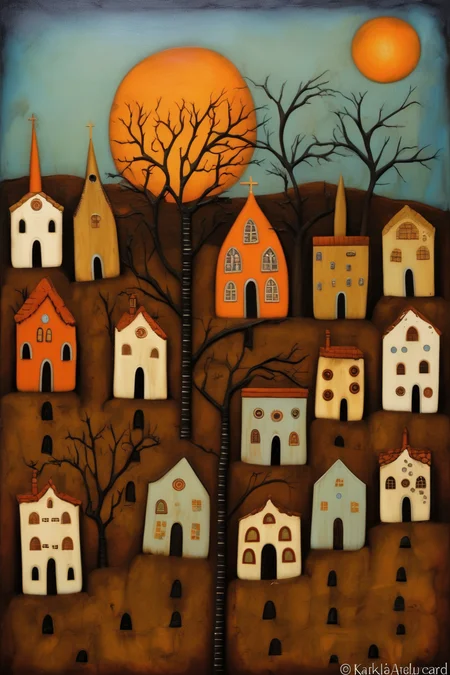 <lora:Folk Art:1>Folk Art - a cemetery with four graves with a dried-up tree in the center with a church in the background and several knolls with houses and trees style of karla gerard