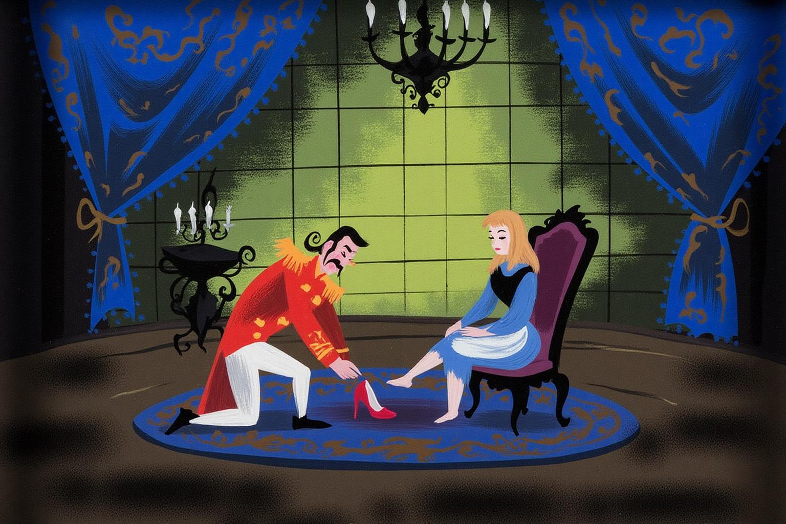 maryblair1 illustration.
A man with a mustache in a red military-style uniform is kneeling on a blue rug, gently offering a single glass stiletto heel shoe to a young blonde woman seated on a dark chair. The young blonde woman is dressed in a blue dress with white accents. The room has a large chandelier, blue curtains with gold patterns, and a small table with a black candelabra. <lora:maryblair2_cap_d8a4:1.0><lora:846199662441638188:0>