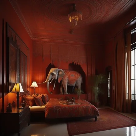 <lyco:Indian_style_interior_design_Sa_May:1.0> Indian style interior design of badroom with elephant