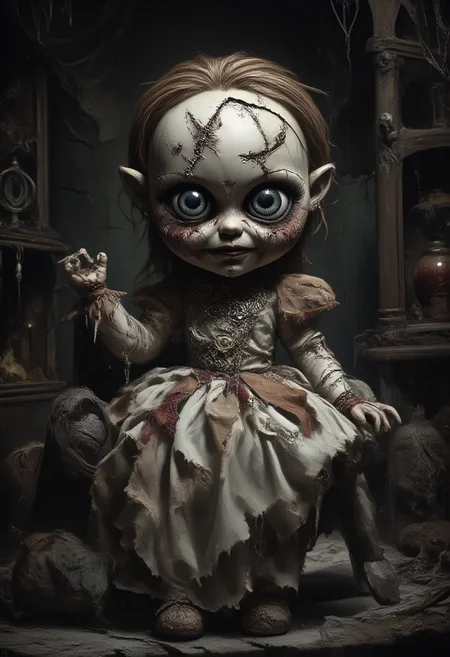enys guerrero art style , full body portrait of a tattered dusty old creepy cloth voodoo doll, no eyes, with a old dirty cloth body, wearing a long dusty stained patchwork dress, pins stuck in body, sitting on an old rusty metal rocking horse, haunted scene, spider, webs and potions on shelf, horrific details, with a face, very detailed, in the style of charlie bowater, Camilla d'Errico, Kurtis Rykovich, simona candini, daniel kordek, arcane circle, eye level angle, intricate details, highly detailed, insanely detailed, 8K, hd, cinematic lighting, centered compositon, rule of thirds ,dark fantasy digital art style, detailed face, painted in the style of oil on canvas, smudged brush strokes, photorealistic, high resolution, hyper-realistic, ultra-detailed, cinematic lighting, rim lighting, volumetric lighting, sharp focus, shallow depth of field.