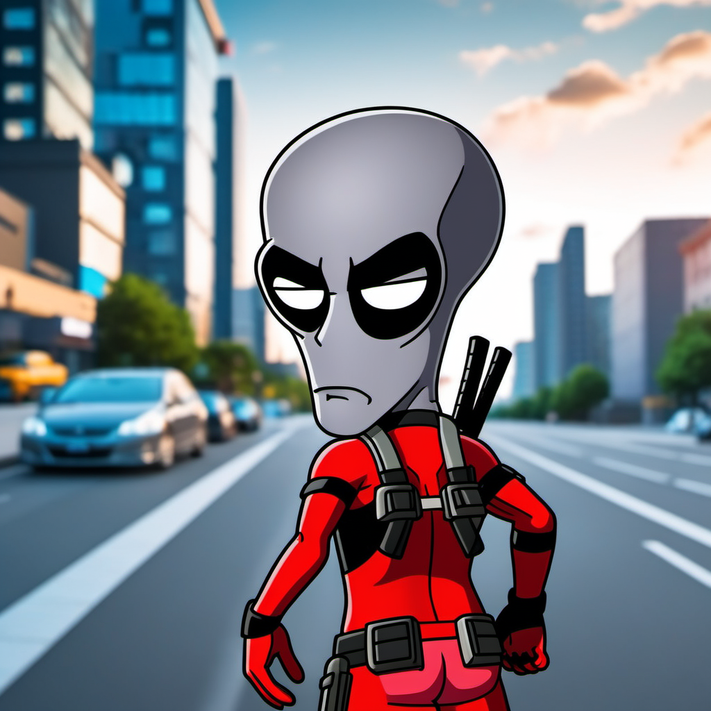 cinematic photo Advertising poster style a cartoon character with grey skin dressed as deadpool, city background <lora:Rodger1024:0.9>  . 35mm photograph, film, bokeh, professional, 4k, highly detailed