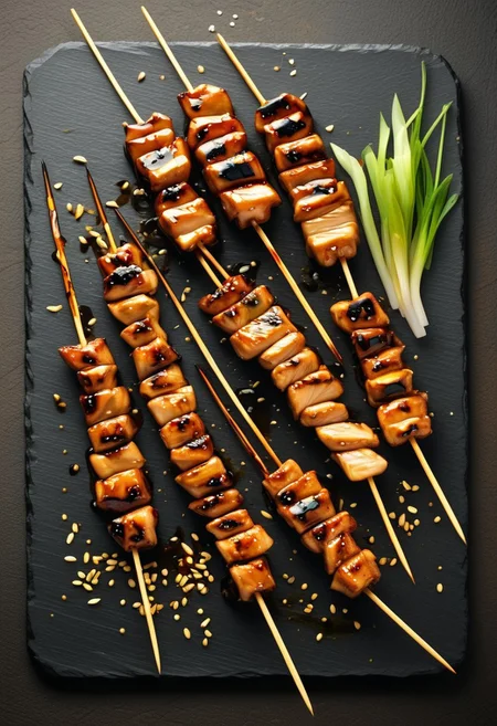 Artistic Presentation of Yakitori Skewers, Golden-Brown Grilled Chicken Glazed in a Shiny Teriyaki Sauce, Laid Out on a Charcoal Slate, with Floating Charred Leek Pieces and Scattered Sesame Seeds, Capturing the Smoky and Charred Perfection of Japanese Street Food