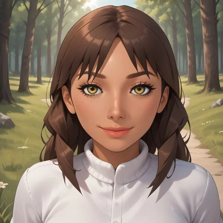 score_9, score_8, BREAK, solo, wii, mii, wii music, female mii, 1girl, brown hair, brown eyebrows, dark yellow eyes, lips, dark skin, white clothing, white pants, shoes, nintendo mii, modern_mii, classic_mii, breasts, Donna_(Wii_Music), sexy pose, smile, outdoors, sunlight, shadows, evening lighting, natural lighting, forest, trees, grass, orange sky, sunset