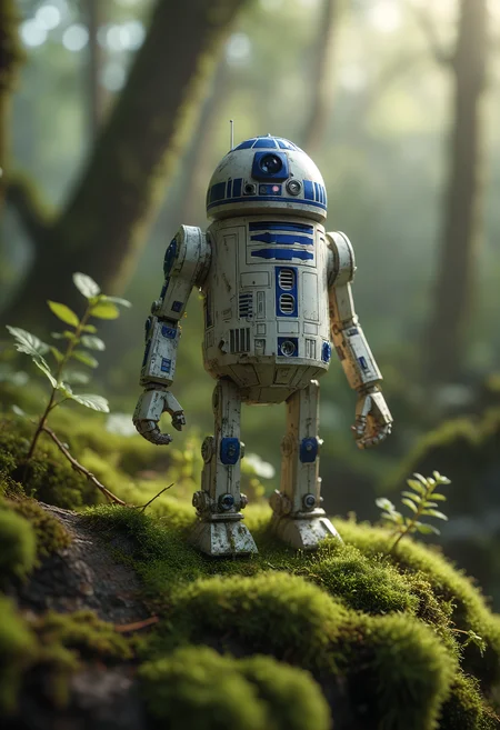 A photo of R2D2 standing on a moss covered branch, backlit, translucent, glow, macro photography, extreme close-ups, intricate details, unseen worlds, capturing texture, emphasizing details, revealing beauty in small things, professional lighting, precise focusing, artistic expression, immersive experience, expert technique artstation culture, octane render, R2D2, artstation 3D, artstation HD, artstationHQ<lora:add-detail-xl:1> <lora:MJ52:0.5> <lora:sss:0.5>