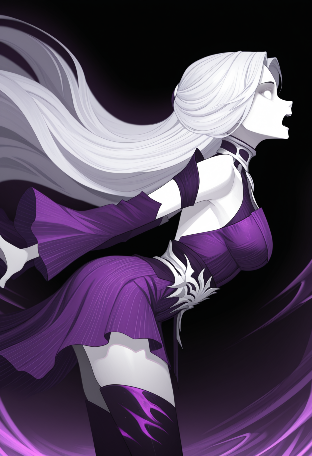 masterpiece, best quality, amazing quality,  <lora:sindel_illustrious_byJaneB:1>, s1ndelmk11,
purple dress, detached sleeves, thighhighs, , high collar, cowboy shot, screem, ghostly eyes, overlapped images, , very long hair, banshee, sonic wave, from the side, open mouth, evil, , white eyes, sound wave, (floating hair:1.1), profile, slightly bent over,
<lora:afkArenaIllustrious:1> afkArenaStyle