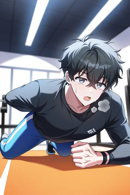 masterpiece, best quality, amazing quality, very aesthetic, high resolution, ultra-detailed, absurdres, newest, scenery, volumetric lighting, depth of field,anime screencap, , , 1boy, solo, male focus, <lora:kim_hajin:0.87>,kim hajin, black hair,grey eyes,short hair,open mouth, shirt,sport shirt,sport pants, long sleeves, hair between eyes, sweat, pants, black shirt, breath, arm behind back, blue pants, exercise,one-handed push-up position ,gym,indoors,facing viewer