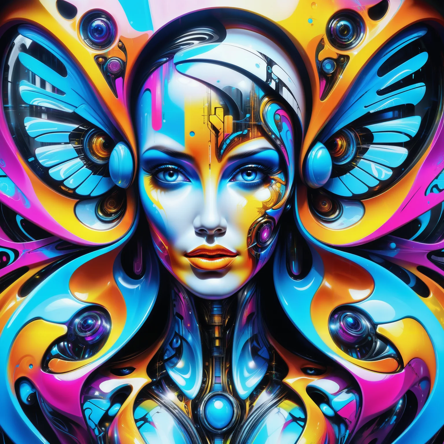 Jed-CyFut, masterpiece, full of details, positive emotional, Jed-Gr4ff1t1,wallpaper enginge, <lora:GraffitiStyle-000003:0.7>, <lora:CyberFuturisticStyle:0.7>, Tintage,1 woman, perfect symmetry, complex, located artistic, great composition, illustrious quality, elegant, advanced cinematic perfect light, professional fine composition