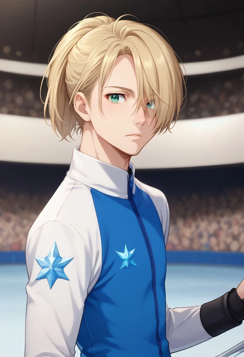 score_8_up, score_7_up, source_anime, highly detailed,
yurio, 1boy, male focus, blonde hair, green eyes, hair over one eye, solo, skates, ice-skating uniform, bodysuit, ponytail,
indoor, ice rink