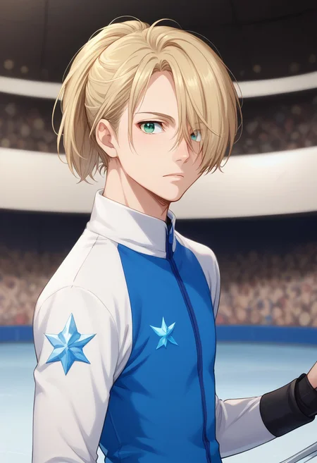 score_8_up, score_7_up, source_anime, highly detailed,
yurio, 1boy, male focus, blonde hair, green eyes, hair over one eye, solo, skates, ice-skating uniform, bodysuit, ponytail,
indoor, ice rink