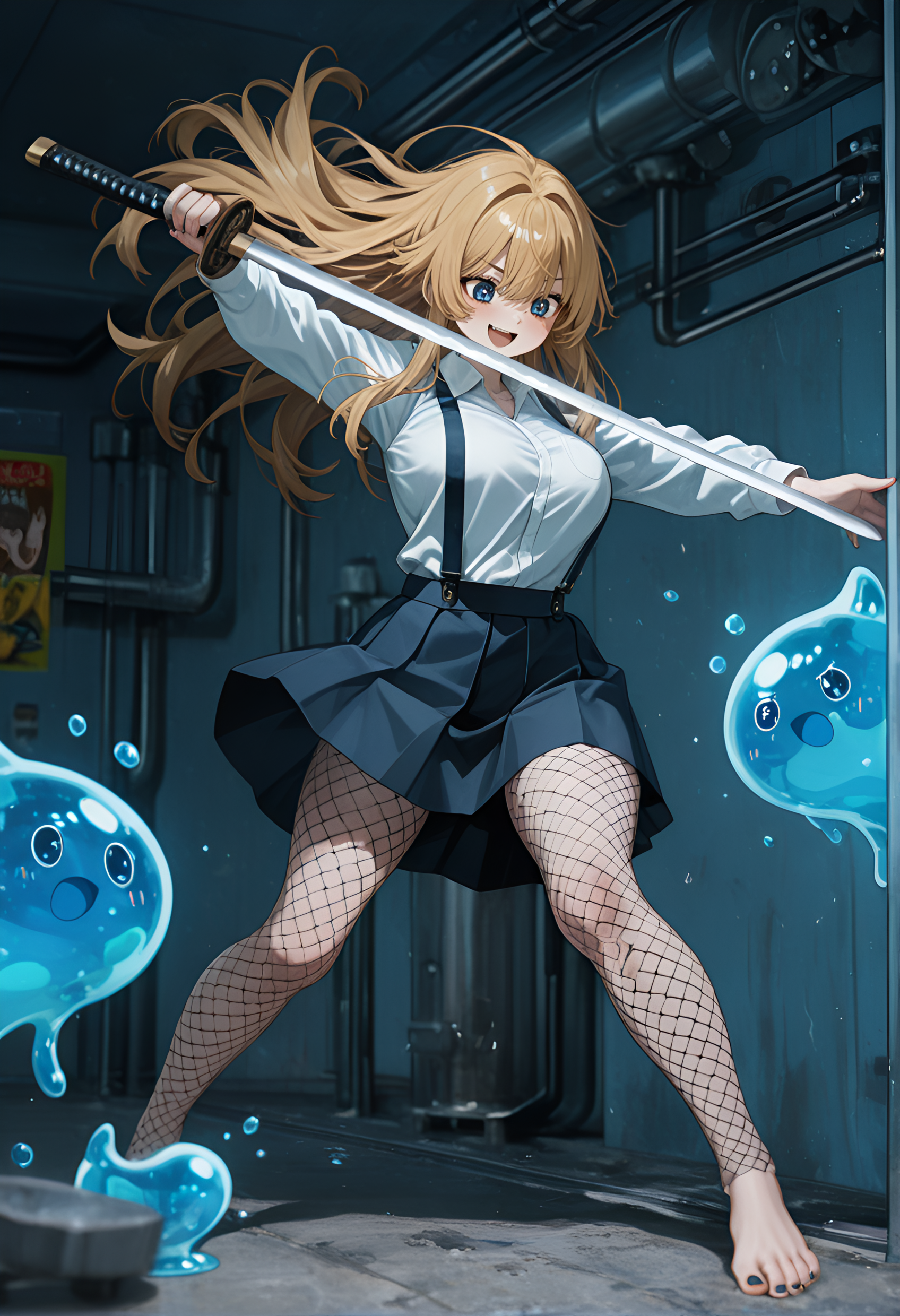 highlighted hair, very aesthetic, Two Contrasting Colors Dominating, suspender skirt, long_nails, anime character, 1girl, Mitsuko Kongou (A Certain Scientific Railgun), partially cloudy, motion_lines:1.1, amazing quality, long hair, depth of field, RTX, fishnet tights, Poster Style, Striped long sleeve, evening, Duotone Effect, slime_(creature), best quality, cybornetics, Exorcist, absolutely eye-catching, 2boys, Sapphire Theme, holding a katana ready in a defensive stance, creepers, Industrial boiler room, Looking down thoughtfully, Thick body, :d, Face-framing streaks, ambient occlusion, 8K, nail_polish, barefoot, ultra-detailed, absurdres, Graphic & Striking, masterpiece, angel, large breasts, Left-to-right manga, motion_blur:1.1, newest, light skin, Unforgiving Light / Harsh Light