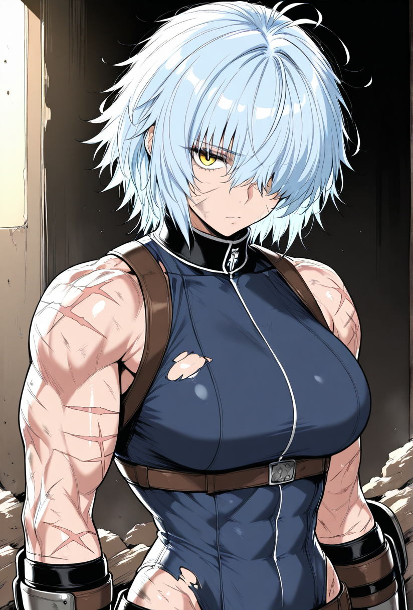 (masterpiece, best quality, ultra-detailed:1.4),
solo,1girl, (light blue hair:1.3), short messy hair, bangs,
(yellow eyes:1.5), (battle-worn expression:1.3), (scar over one eye:1.5), (intimidating aura:1.3),
(hair covering one eye:1.5), (bangs covering left eye:1.4), (left eye obscured by hair:1.4), (hair over eye:1.3),
(battle-hardened:1.4), (war veteran:1.3), (many scars:1.3), (visible wounds:1.2), (weathered face:1.2), (dirt and grime:1.2),
(toned arms:0.6), (muscle tension visible:0.3), (slim but athletic build:1.1), (strong female warrior:1.1), mercenary warrior
(dynamic lighting:1.3), (gritty, rough textures:1.2)
looking at viewer, (hair slightly messy:1.2), (torn and worn-out fighter outfit:1.2),
 <lora:VioletV2:1>