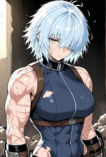 (masterpiece, best quality, ultra-detailed:1.4),
solo,1girl, (light blue hair:1.3), short messy hair, bangs,
(yellow eyes:1.5), (battle-worn expression:1.3), (scar over one eye:1.5), (intimidating aura:1.3),
(hair covering one eye:1.5), (bangs covering left eye:1.4), (left eye obscured by hair:1.4), (hair over eye:1.3),
(battle-hardened:1.4), (war veteran:1.3), (many scars:1.3), (visible wounds:1.2), (weathered face:1.2), (dirt and grime:1.2),
(toned arms:0.6), (muscle tension visible:0.3), (slim but athletic build:1.1), (strong female warrior:1.1), mercenary warrior
(dynamic lighting:1.3), (gritty, rough textures:1.2)
looking at viewer, (hair slightly messy:1.2), (torn and worn-out fighter outfit:1.2),
<lora:VioletV2:1>
