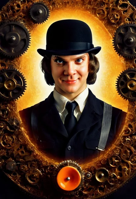 movie poster a clockwork orange of roast gears poster with a creep man in a bowler hat, solo, looking at viewer, smile, black hair, 1boy, hat, yellow eyes, upper body ,male focus, grin, black headwear, copyright name, glowing, evil smile, fedora, cinematic, film, kodak, Clockwork Orange film style, background made of roast gears, dramatic lighting, action scene drill straight into the camera, extricate details