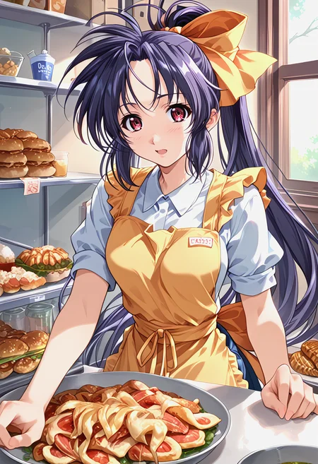 <lora:trumkuu_Pv11-000030:1>, ntrkuu, 1girl, hair ribbon, apron, ponytail,, BREAK score_9, score_8_up, score_7_up, score_6_up, source_anime, best quality,
