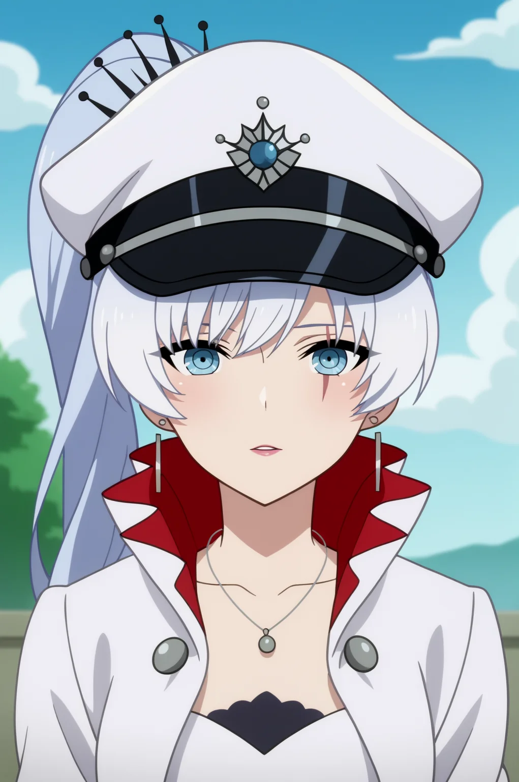 weiss schnee,anime screencap,1girl,solo,mature,blue eyes,scar,scar across eye,scar on face,ponytail,earrings,jewelry,necklace,sky,cloud,outdoors,high collar, looking at viewer, ponytail, peaked cap, chair, white headwear, parted lips, white coat, hair between eyes, military hat, white jacket, coat <lora:Weise Schnee - RWBY.safetensors:0.8>