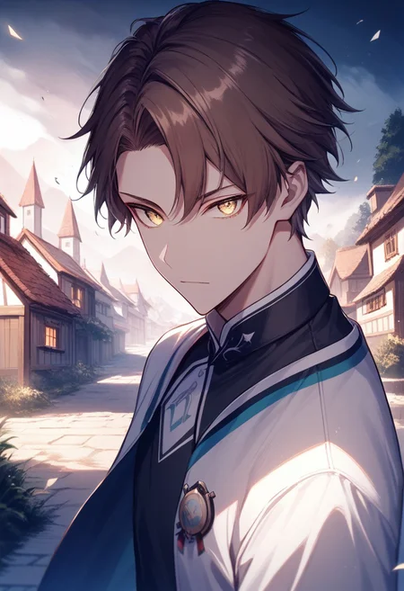 (best quality, masterpiece), 1 boy,18 years old, medieval village, dark mood, Arrogant,
brown hair, short hair, no bangs, blue and white color student uniform
, looking at viewer, Unobtrusive golden eyes, Dull golden eyes,