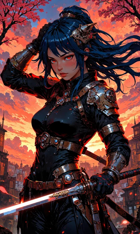 A dynamic anime-style scene featuring a fierce female warrior wielding a gleaming katana, her hair flowing in the wind like cascading waves of midnight blue. She wears a traditional samurai armor infused with modern cybernetic enhancements, giving it a sleek, polished look. Her piercing, determined eyes are highlighted with soft shadows. The scene is set against a dramatic sunset backdrop, with vivid oranges and reds painting the sky, reflecting off her armor. Cherry blossoms scatter in the air, adding a touch of elegance. Her pose is powerful and confident, ready to strike, embodying grace and strength. The atmosphere is charged with intensity and valor, capturing a moment of poised action and beauty. The composition emphasizes movement and detail, with a focus on the intricate patterns of her armor and the delicate flutter of cherry blossoms. Masterpiece, best quality, detailed shading, vibrant colors, dynamic action pose. <lora:Rainbow_on_black_style-000003:0.3> <lora:FLUX-daubrez-DB4RZ:0.6> <lora:Memadukan_Brush_Strokes_of_Fineart:0.3> <lora:Let_It_Blaze_in_Crimson_anime_v1.0:0.6> <lora:FluxMythV2:0.9> <lora:flux_dev:1>