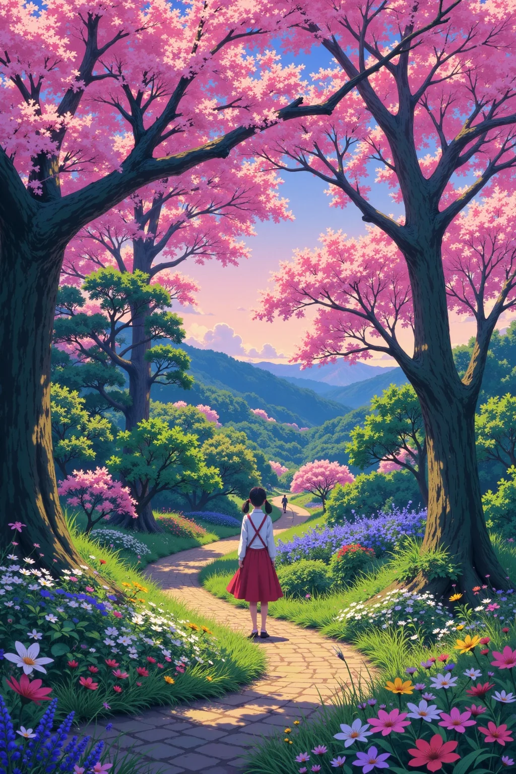 spring beautiful anime landscape, evening, woman, very intricate, very detailed, sharp, bright, colorful, <lora:Hand v2:0.5> <lora:Anti-Blur:1><lora:Insane Detail Slider:0.25> <lora:flux.1_lora_flyway_Epic-detail_v2:0.3> <lora:fluxenhancer:0.25> <lora:ROWER:1> <lora:Miyazaki anime:0.6> Miyazaki anime art