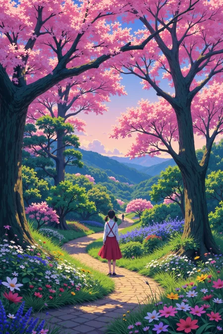 spring beautiful  anime landscape, evening, woman, very intricate, very detailed, sharp, bright, colorful, <lora:Hand v2:0.5> <lora:Anti-Blur:1><lora:Insane Detail Slider:0.25>  <lora:flux.1_lora_flyway_Epic-detail_v2:0.3> <lora:fluxenhancer:0.25> <lora:ROWER:1> <lora:Miyazaki anime:0.6> Miyazaki anime art