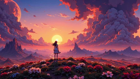 a distant unexplored planet beautiful anime landscape, sunset, woman, very intricate, very detailed, sharp, bright, colorful, <lora:Hand v2:0.5> <lora:Anti-Blur:1><lora:Insane Detail Slider:0.25> <lora:flux.1_lora_flyway_Epic-detail_v2:0.3> <lora:fluxenhancer:0.25> <lora:ROWER:0.6> <lora:Niji Anime Scenic:0.8>