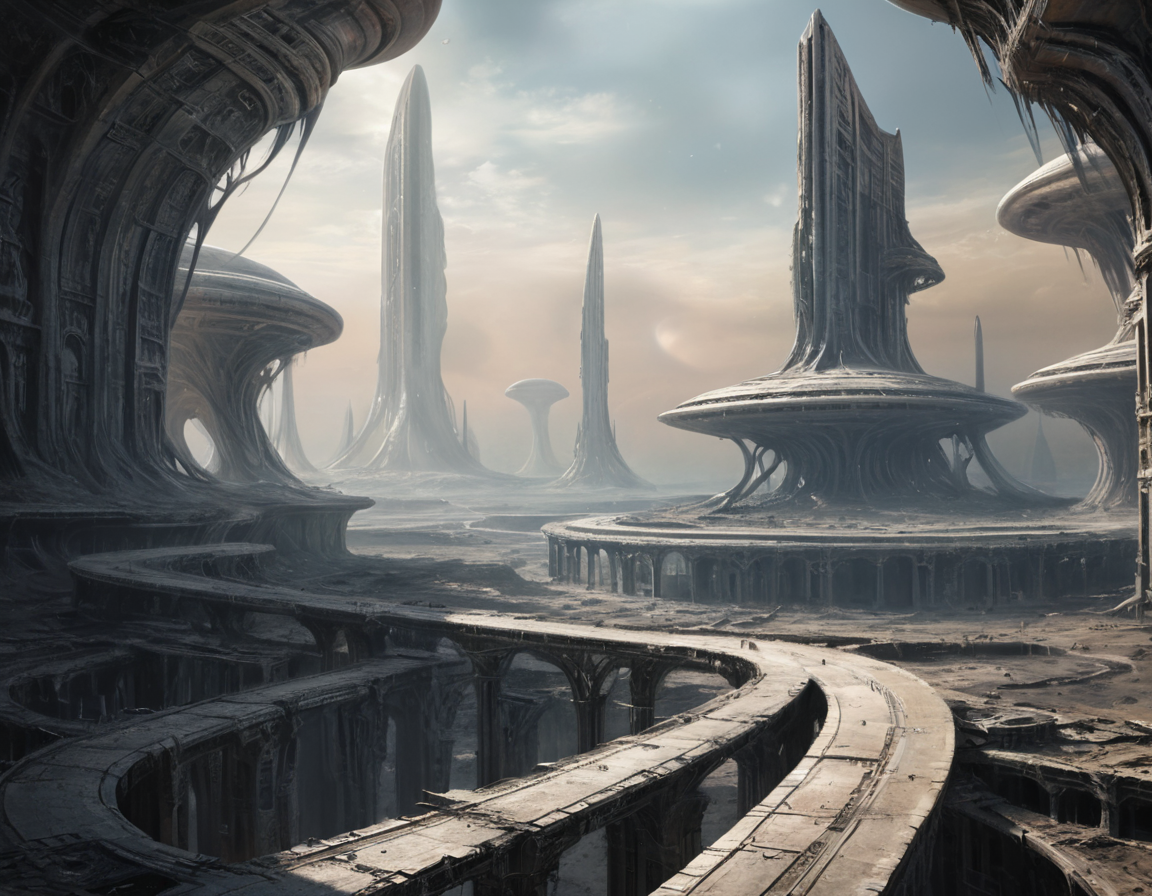 In this forsaken land, the remnants of an alien civilization stretch endlessly into the horizon, their grandiose architecture reduced to mere shadows and whispers, haunting reminders of worlds long gone, b3ks1n