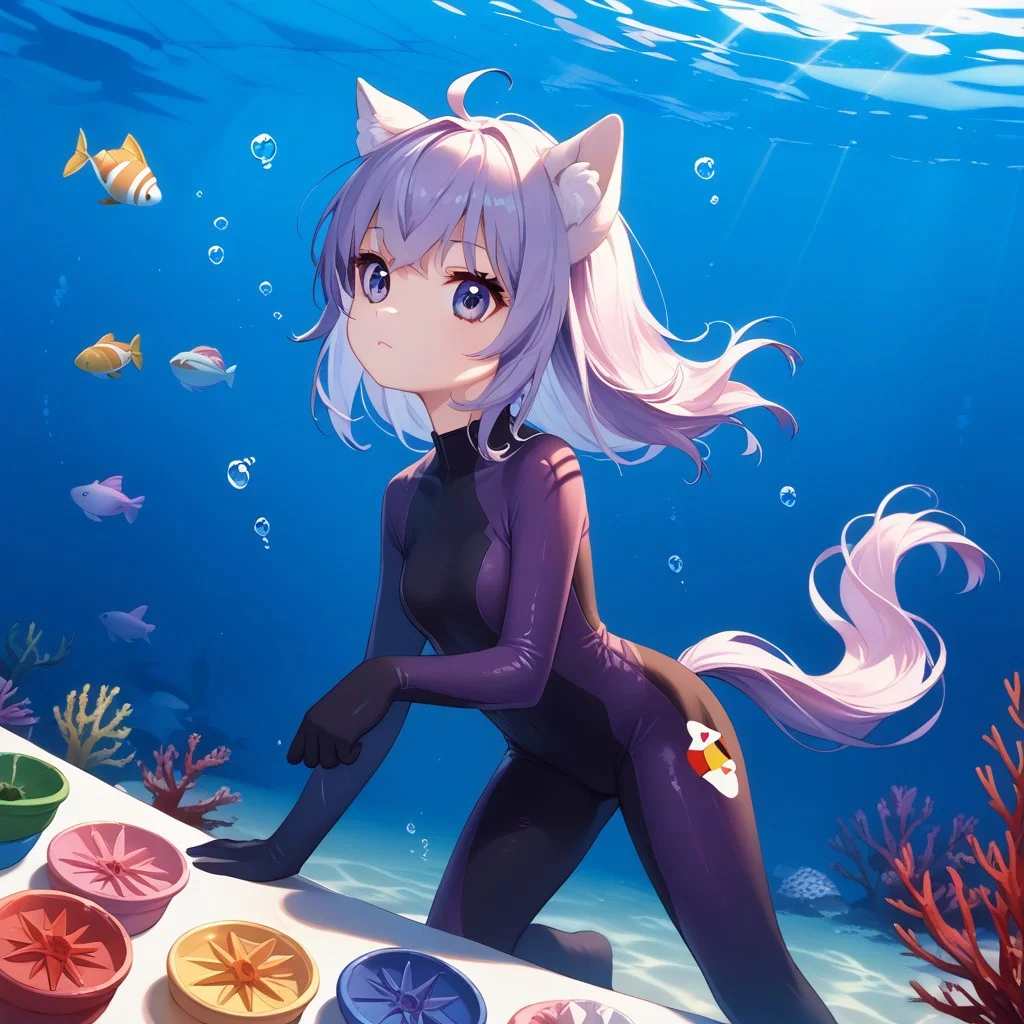score_9_up, score_8_up, score_7_up, best quality, high quality, masterpiece, extremely detailed character, detailed eyes, beautiful face, source anime,
negative_hand,
<lora:nekomata_okayu_sdxl_pony:1>, okayu, ahoge, cat tail, shiny hair, slender,
paint, colorful,
<lora:underwater_pony_V1.0:0.5> underwater, Lace-Up Bodysuit, swimming,