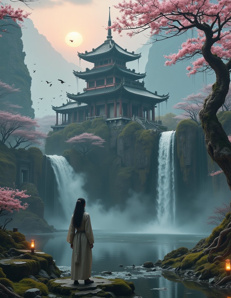 <lora:City_Worlds_02__Lost_-_Temple:1> cw02lost, a forgotten, oriental old temple on a mountain, fog, misty mountains, waterfall, kungfu 20yo woman in the wind, lanterns, pond, cherry blossom, giant roots, birds, sunset,