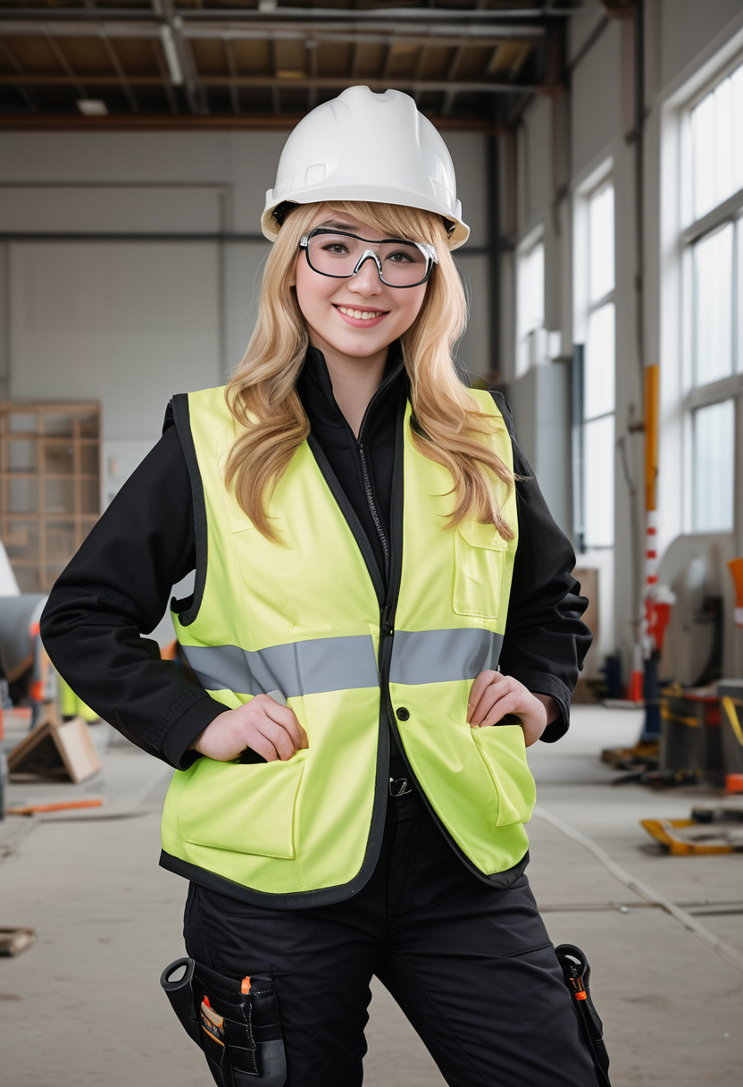 (medium full shot) of (industrious construction worker) young woman, voluptuous build, long blonde side-swept bangs hair, japanese, pale skin, hazel eyes, wearing a hard hat, black padded jacket, reflective work trousers, ankle boots, reflective safety vest, carrying a safety helmet safety goggles, set in  __cof-location/place/location/workshop__, during sunrise, woman smiling, ,Masterpiece,best quality, raw photo, realistic, very aesthetic