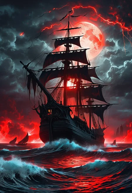 A captivating night scene illustration featuring a large and tall and ominous black 17th century haunted sailing ship sailing on the forboding and haunted ocean. This enchanting artwork captures a dark and ominous night, where an ominous red bloodmoon hangs above the scene with red lightning bolts striking down from dark clouds, creating a cinematic experience., illustration, cinematic
<lora:DonM3t3rn1tyXL-v1.1:0.7>, DonM3t3rn1tyXL,
OverallDetailXL <lora:MJ52:0.3> <lora:SDXLFaeTastic2400:0.4> <lora:EpicF4nta5yXL:0.7>