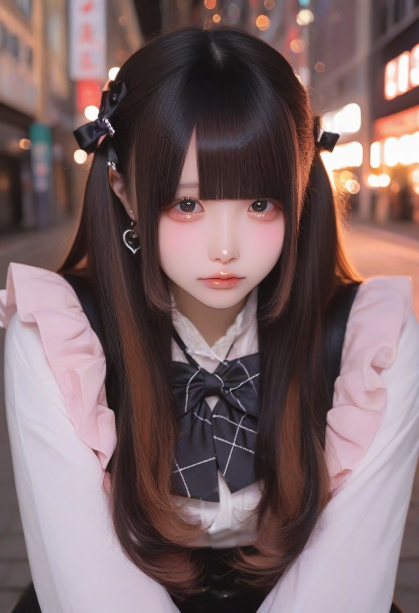 jirai kei, jiraikei face, a woman, solo, long hair, looking at viewer, jewelry, earrings, bangs, eyes, black hair,long sleeves, brown hair, shirt, white shirt, blunt bangs, upper body, dress, multicolored hair, closed mouth, bow, Street background,depth of field,bokeh, realistic,photorealistic,masterpiece,best quality,newest,highres,absurdres,photo,real life, real life insert, real world location, photo background