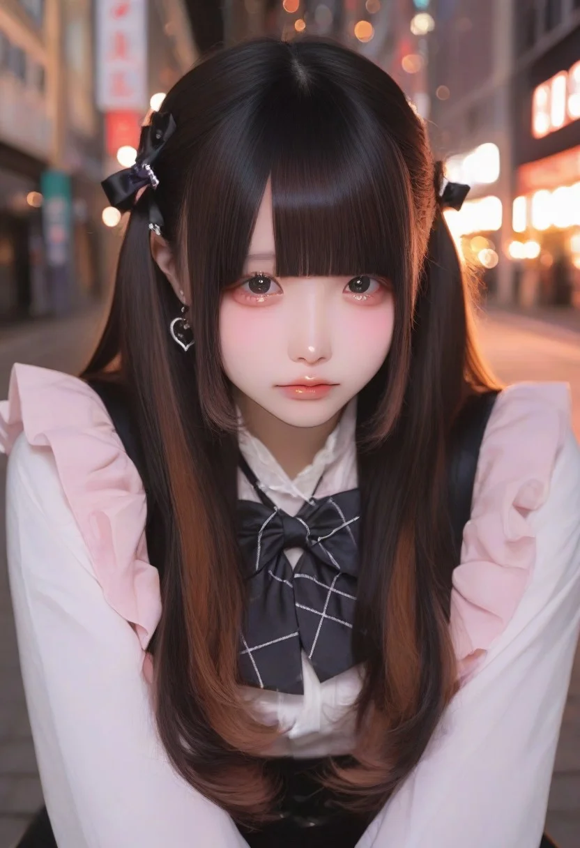 jirai kei, jiraikei face, a woman, solo, long hair, looking at viewer, jewelry, earrings, bangs, eyes, black hair,long sleeves, brown hair, shirt, white shirt, blunt bangs, upper body, dress, multicolored hair, closed mouth, bow, Street background,depth of field,bokeh, realistic,photorealistic,masterpiece,best quality,newest,highres,absurdres,photo,real life, real life insert, real world location, photo background
