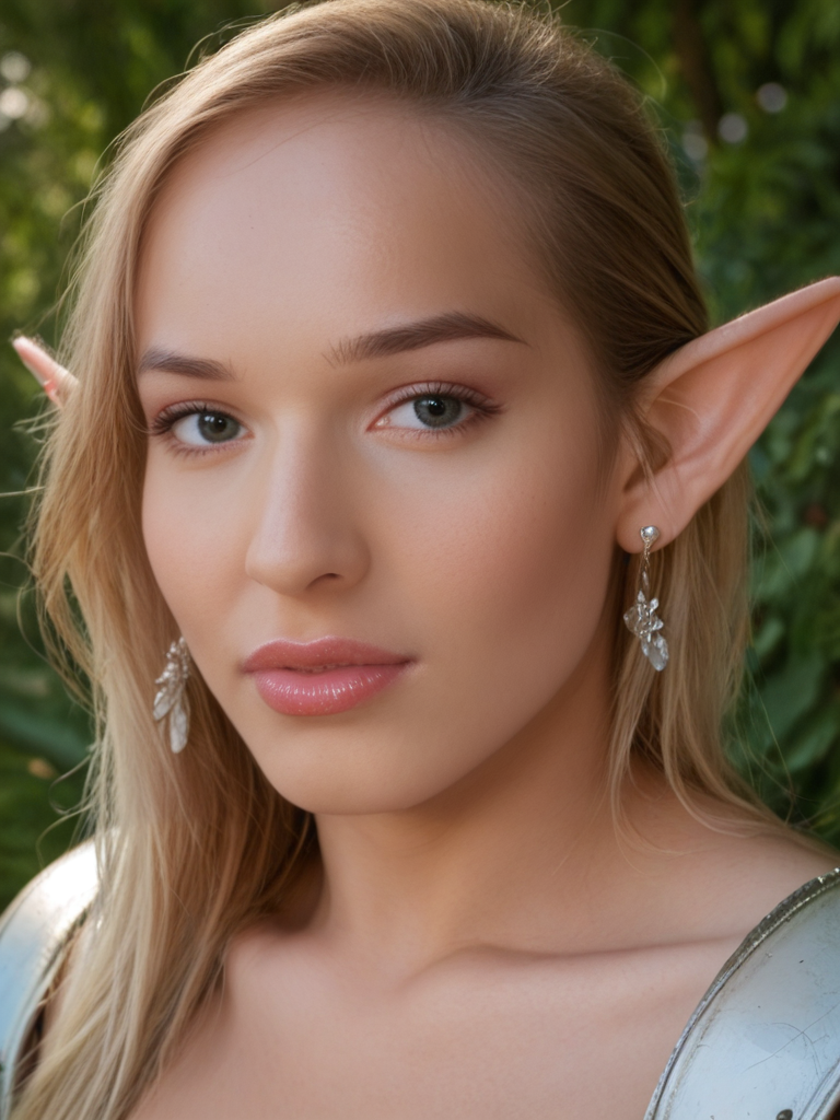 face focused, magic hour, photography, warm light, sunset, movie still, ultra detailed, portrait, BREAK
score_9, score_8_up, score_7_up, Khlo3H4rt, Khloe Hart, <lora:Khlo3H4rt-pony:1>,   1girl, solo, (blonde hair), (olive skin), portrait, shiny lipgloss, lips, vintage aesthetic, elf, elf ears, white armor, diadem, solo, blush, looking at viewer, bokeh, focus, film, velvia, film grain, best quality, photograph, focus, earrings, garden