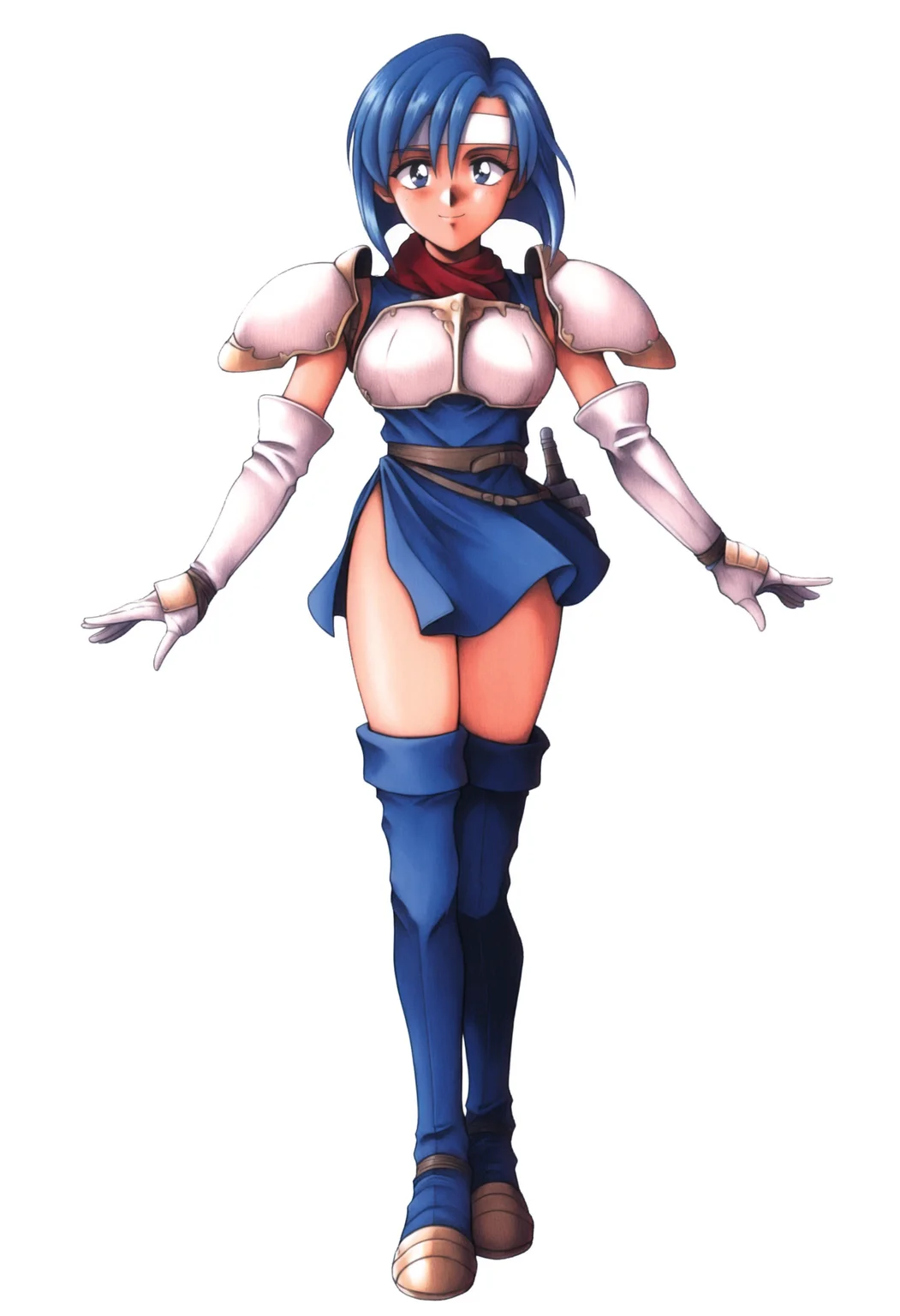 masterpiece, best quality, solo, 1girl, smile, looking at viewer, <lora:FF7-Offical-Art-illus_Fp:1>, 1990s \(style\), simple background, white background, full body, standing, <lora:fecatria-illu-nvwls-v1:1>, dfCt, blue hair, medium hair, blue eyes, white headband, white armor, sleeveless dress, blue dress, shoulder armor, red scarf, brown belt, long gloves, white gloves, blue thigh boots,