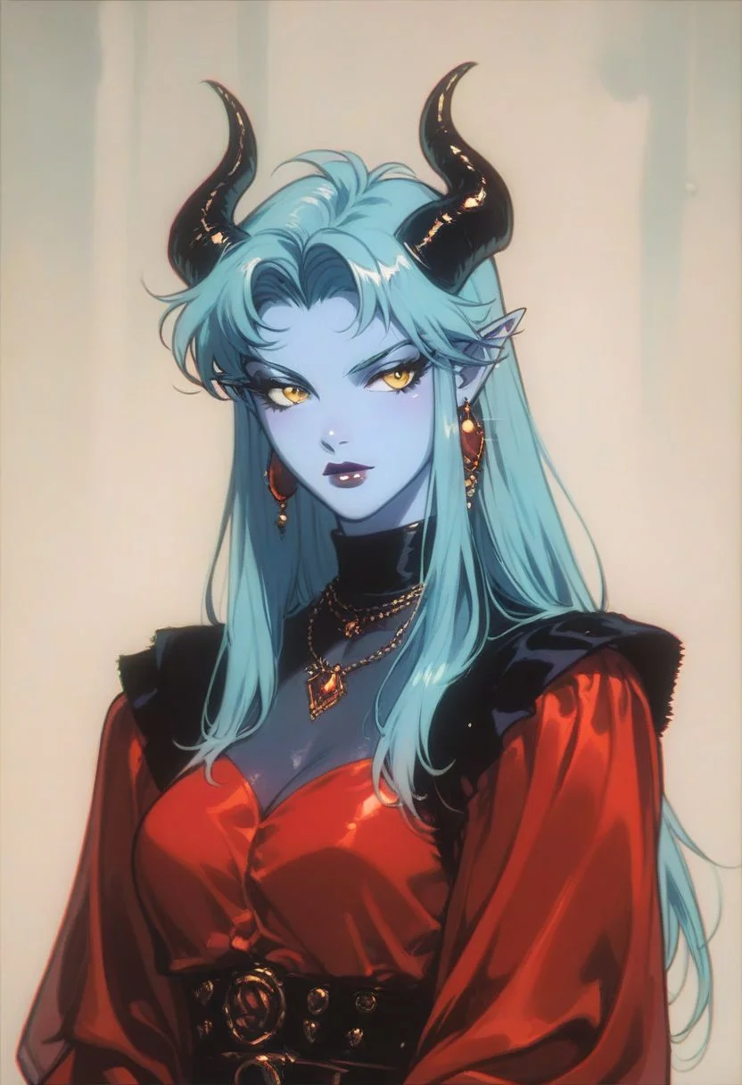 score_9, score_8_up, score_8, a female with blue skin and yellow eyes, cyan hair, she has a set of demon horns, she is a noble and is wearing a gown,Vintage, 1990s \(style\)