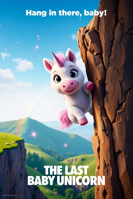 mvpstr. Epic Movie poster for "The Last Baby Unicorn", featuring A cute, wide-eyed baby unicorn with pastel-colored fur and a tiny horn hanging precariously to the edge of a cliff, about to fall off. In the background, a whimsical, mystical landscape is visible, with gentle hills, magical sparkles, and a faint rainbow. tagline at the top reads: "Hang in there, baby!" At the bottom, add the film title, "The Last Baby Unicorn," in a playful, fantasy-style font that complements the lighthearted tone. <lora:schnell_v1.0:1.0> <lora:EpicMoviePoster-000015:0.8>