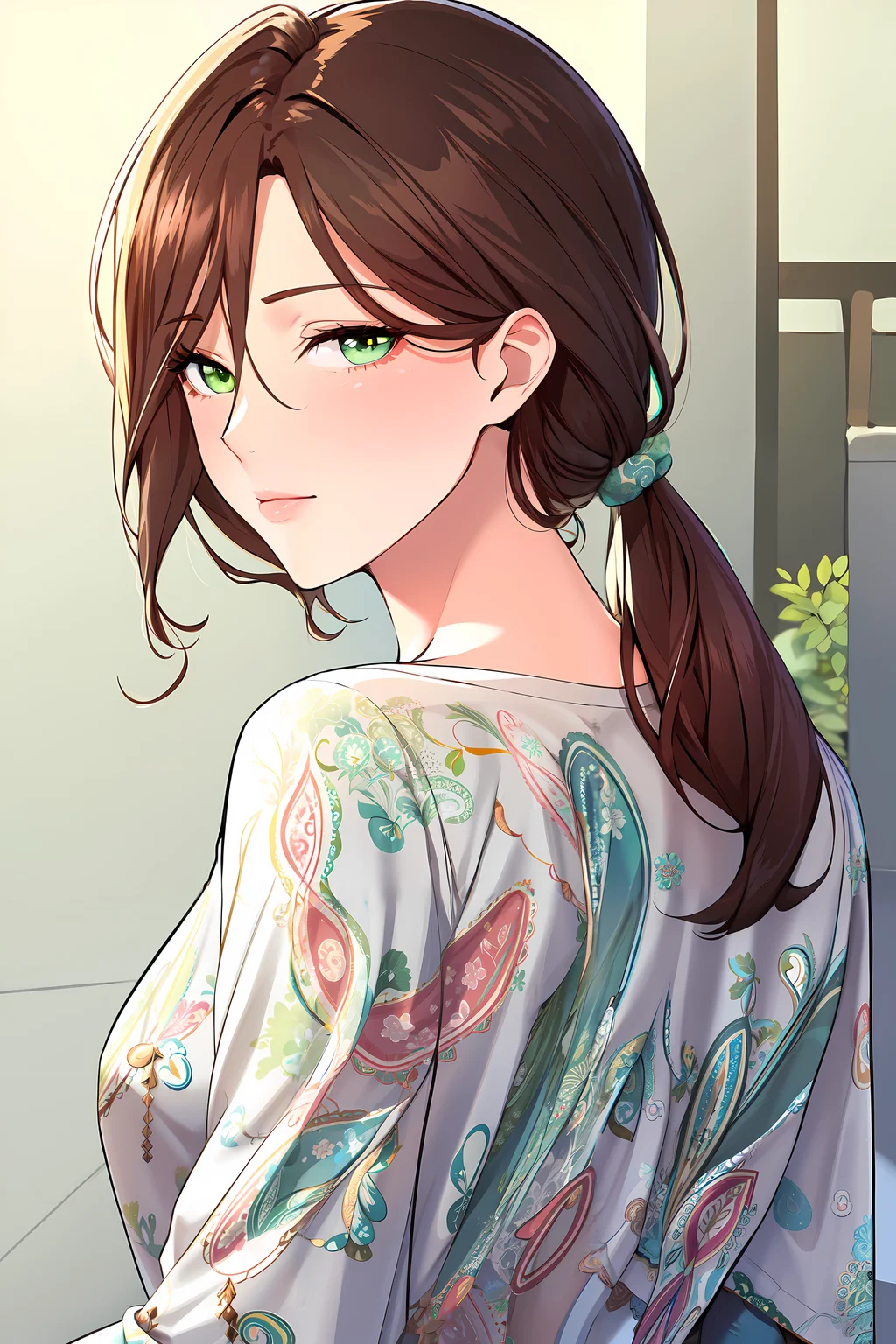 (masterpiece:1.2), best quality, 1lady, hair over shoulder, pastel brown hair, lime green eyes,| goddess, aqua color front knot shirt, paisley, shirt, <lora:my_friends:0.5>, looking at viewer,