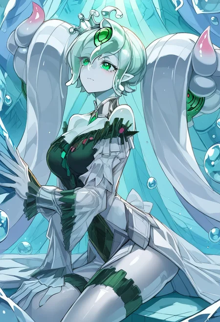 score_9, score_8_up, score_7_up, source_anime, verybadimagenegative_v1.3, easynegative, perfect lighting, ExpressiveH. rating_safe
BREAK
ygoaegirine, colored skin, slime girl, transparent, tall, short hair, green eyes
BREAK
(detailed face:1.3), beautiful face, teardrop breasts, (medium breasts:1.2), curvy, heart-shaped ass, perfect body, perfect hands,
BREAK
1girl, solo, (dress, crown, hair ornaments, thighhighs), sitting in a throne,