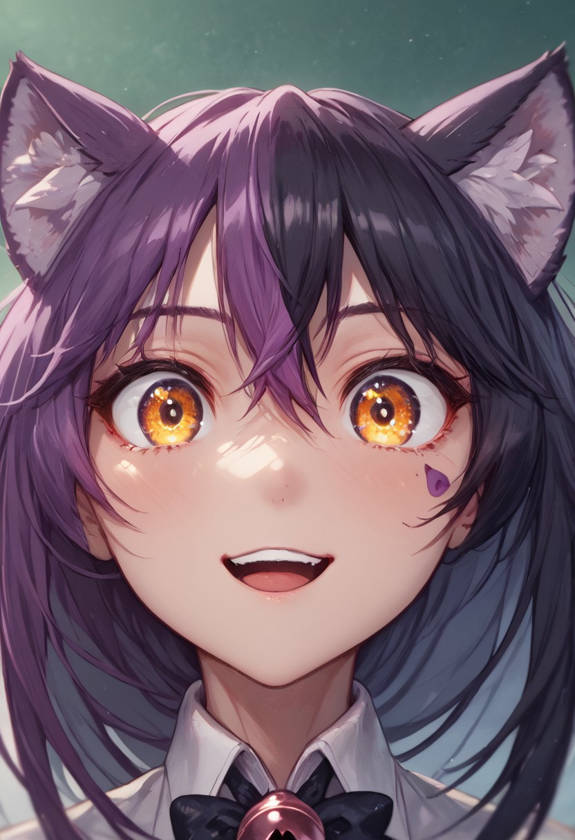 score_9, score_8_up, score_7_up, CheshireMGE, two-tone hair, purple hair, black hair, long hair, hair bow, facial mark, ear fluff, looking at viewer,  yellow eyes, large eyes, smile, chin, ((face only)), face focus, extreme close-up, desaturated, noise, blur, low contrast, wet, detail1eye, purple shirt, detached collar, black bowtie, neck bell, cat ears, smile, teeth, open mouth