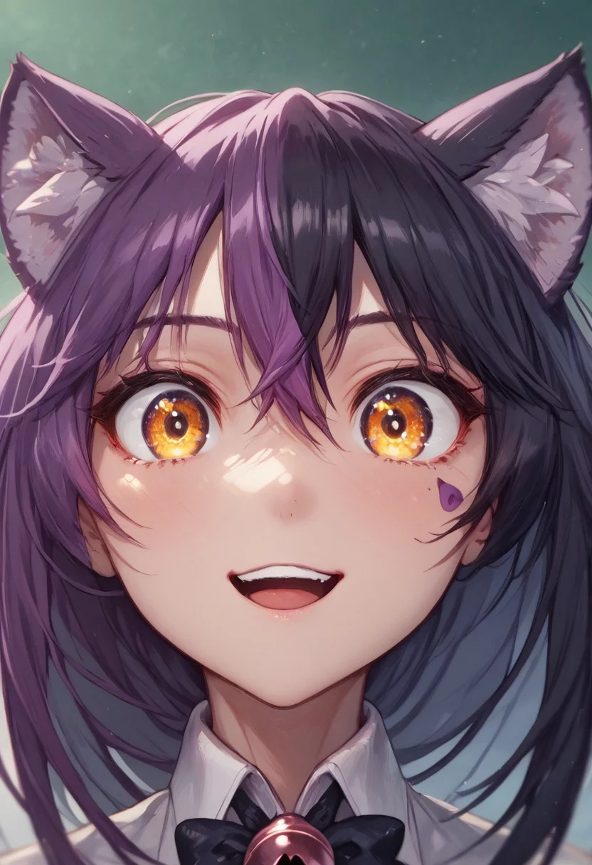 score_9, score_8_up, score_7_up, CheshireMGE, two-tone hair, purple hair, black hair, long hair, hair bow, facial mark, ear fluff, looking at viewer, yellow eyes, large eyes, smile, chin, ((face only)), face focus, extreme close-up, desaturated, noise, blur, low contrast, wet, detail1eye, purple shirt, detached collar, black bowtie, neck bell, cat ears, smile, teeth, open mouth