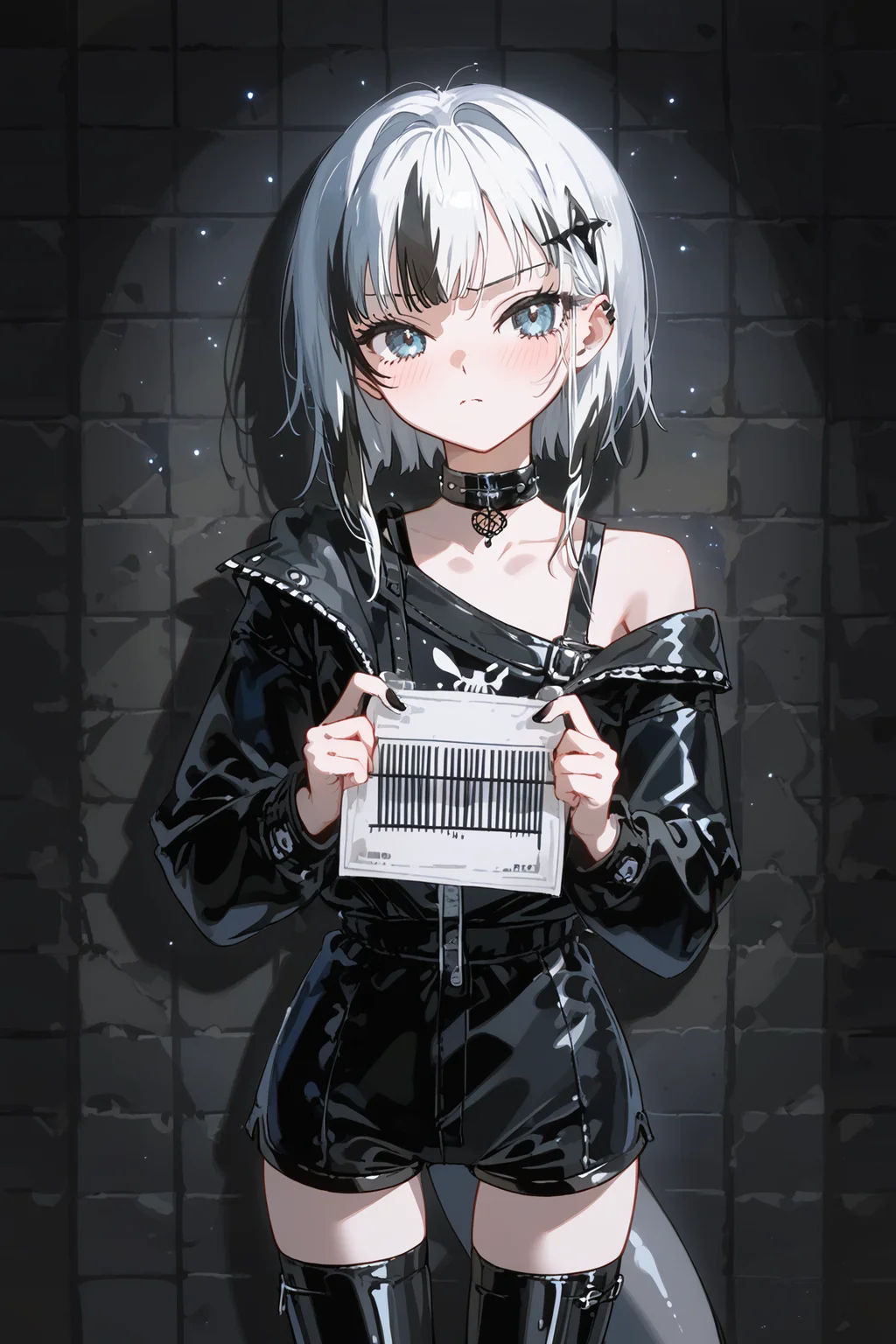 score_9, score_8_up, score_7_up, source_anime, 1girl, (gawr gura:1.1) as a rebellious goth girl, shark tail, (mugshot:1.1), (holding criminal placard, holding_up identification placard:1.1), arrested, in the prison environment, looking at viewer, (atmospheric:1.1), 
BREAK 
stylish cool girl, pouting, bored look, slim slender figure, blushing, disgusted, medium hair, trendy goth streetwear, lowrise shorts, thighhigh stockings, leather boots, off-shoulder punk jacket, choker, 
BREAK 
(white hair:1.1) with streaks, bokeh, dreamy background, highly detailed, absurdres, sensual, pastel-goth aesthetic, dramatic lighting, deep shadows, detailed skin, hair ornament, 1990s \\(style\\), vintage, mystical fog, black rose, intricate wall background, 
<lora:guraXL:0.6>, <lora:add-detail-xl:-0.6>, <lora:OldAnimeStyle_XL_v3:0.5>, <lora:yoneyama_mai_pd:0.8>
