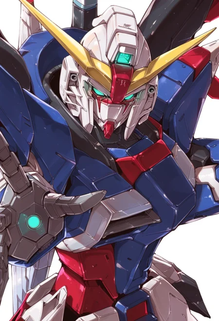 (score_9:0.9),score_8_up,score_7_up,rating_safe,anime_style,(zPDXL),<lora:Destiny Gundam ponyXL v1:0.92>, destiny gundam, solo, open hand, science fiction, glowing, looking at viewer, glowing eyes, green eyes, white background, upper body, mechanical wings, outstretched hand, wing up