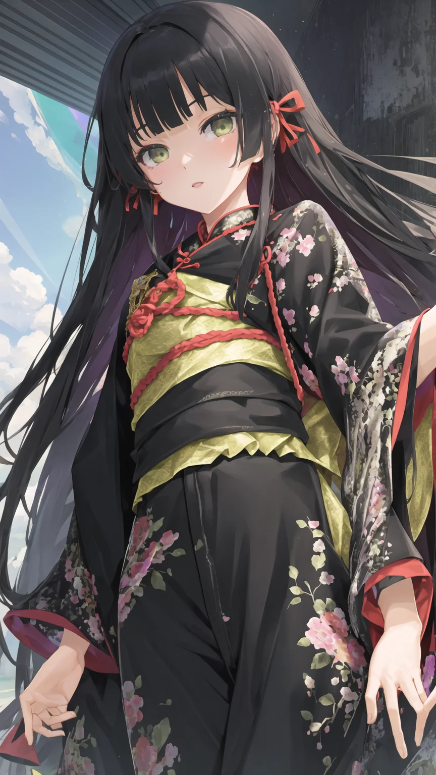 1girl, Renge, ((full body)), solo, (((aqua jacket, duffel coat, cutoff jeans))), ((patterned legwear)), blush, green eyes, black bandeau, scrunchie, frilled,
<lora:Renge v1.0:0.6>