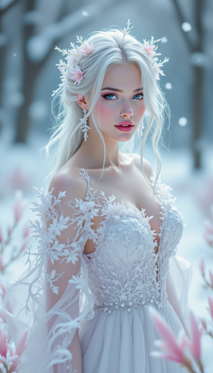pinkfluxproultrafantasia, 
A serene woman with hair resembling blooming frost flowers, wearing a gown of translucent petals encased in frost, standing in a snow-covered meadow with hints of icy pink blossoms.