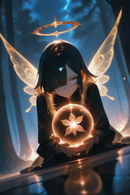 <lora:ponyv6_noobV1_2_adamW:1>
 <lora:Dark_Angel_IL:1>

1girl, angel, bangs, bench, black hair, blonde hair, blurry background, bubble, butterfly wings, chained, chest tattoo, dusk, explosion, eyebrows visible through hair, eyepatch, fiery hair, fire, hair over one eye, holding ball, lamppost, light particles, lightning, long hair, looking at viewer, multicolored wings, night, night sky, red moon, sheath, slave, solo, sparkle, starfish, sword, tree, water drop