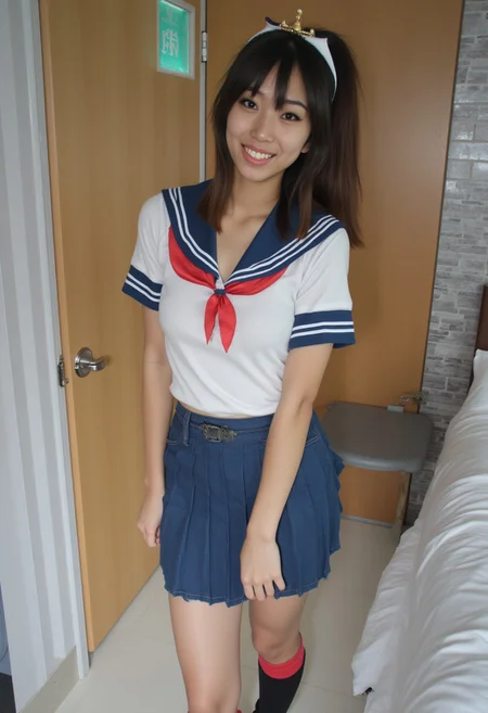 Amateur photo of a beautiful young Asian American sorority woman MaryLee. hourglass body shape. Laughing and flirting and having fun at a college dorm she's wearing Japanese school uniform cosplay. Posing for a photo.